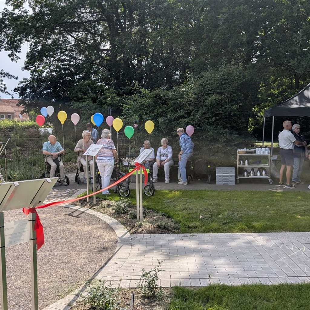 Senioren sitzen im Freien vor einem Gebäude, umgeben von Luftballons und Bäumen.